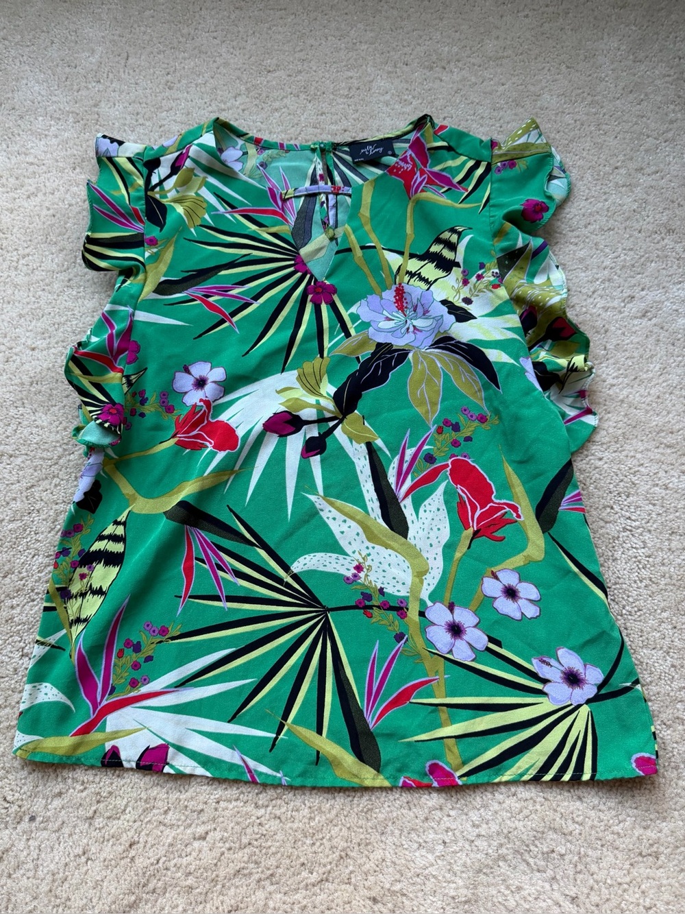 Milk & Honey Green & Pink Tropical Leaf Print Flutter Sleeve Blouse - Sz M - EUC